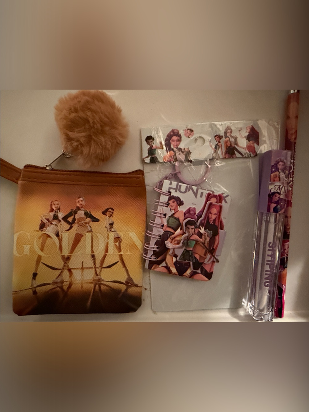 Golden Graphic Pouch with Pom Keychain etc
